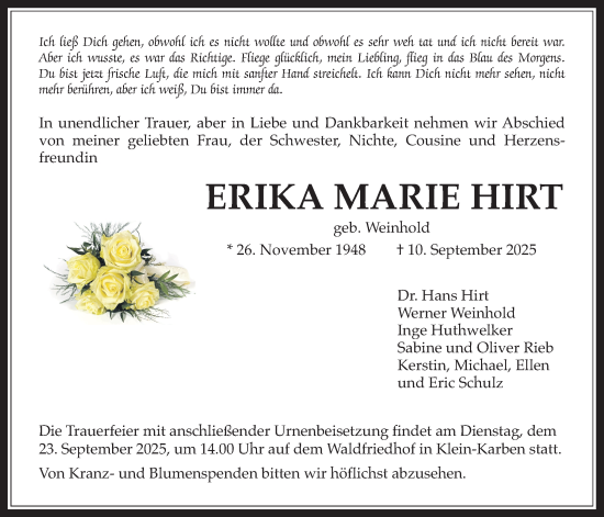 Traueranzeige von Erika Marie Hirt von Bad Vilbel/Karben