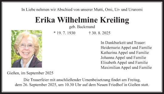 Traueranzeige von Erika Wilhelmine Kreiling von Giessener Anzeiger, Giessener Allgemeine, Alsfelder Allgemeine