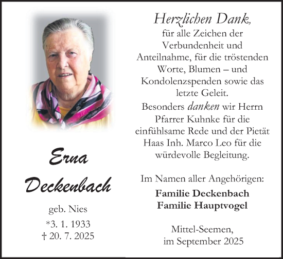 Traueranzeige von Erna Deckenbach von Kreis-Anzeiger