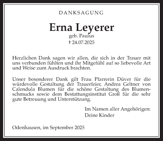 Traueranzeige von Erna Leyerer von Rabenauer Zeitung