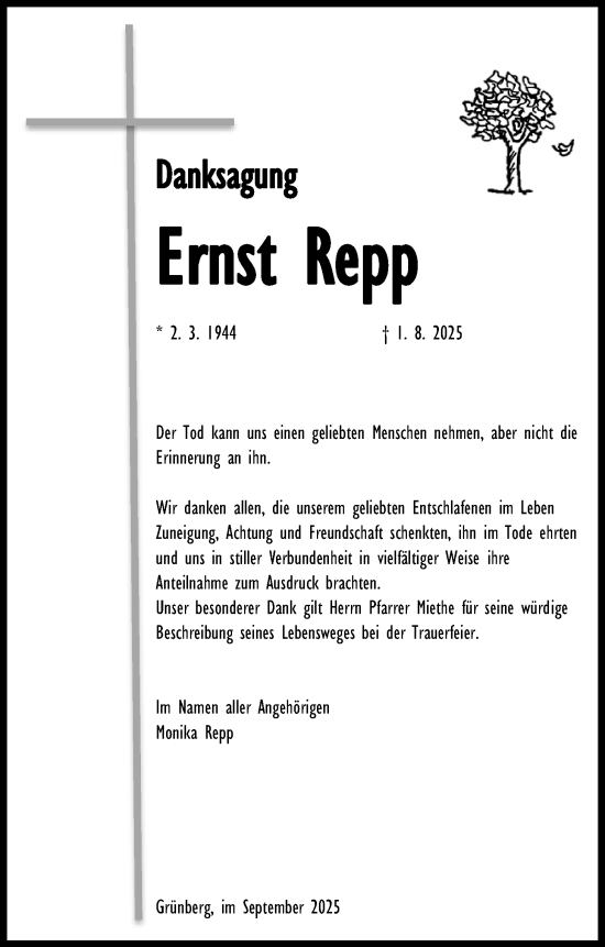 Traueranzeige von Ernst Repp von Giessener Allgemeine, Alsfelder Allgemeine