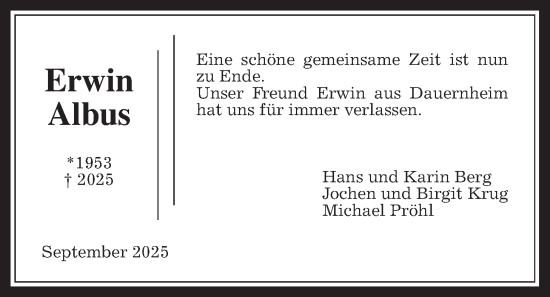 Traueranzeige von Erwin Albus von Kreis-Anzeiger