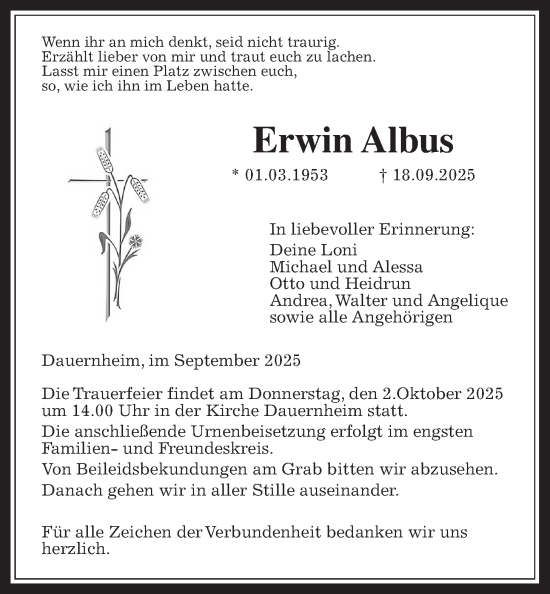Traueranzeige von Erwin Albus von Kreis-Anzeiger