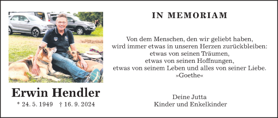 Traueranzeige von Erwin Hendler von Lauterbacher Anzeiger