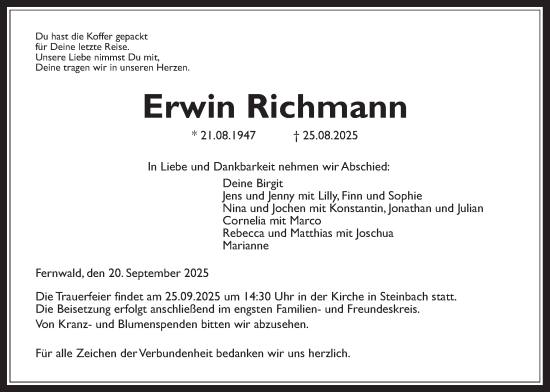Traueranzeige von Erwin Richmann von Giessener Anzeiger, Giessener Allgemeine, Alsfelder Allgemeine