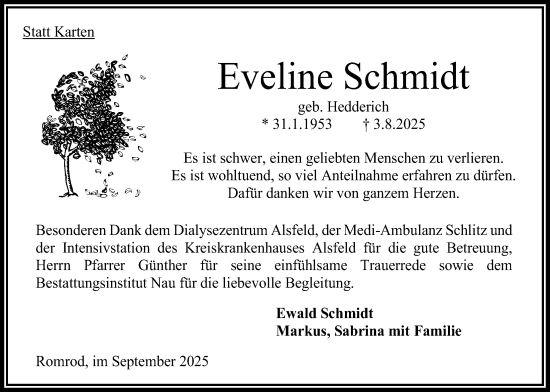 Traueranzeige von Eveline Schmidt von Oberhessische Zeitung