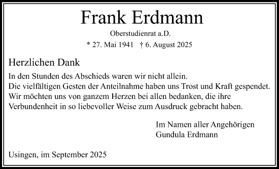 Traueranzeige von Frank Erdmann von Usinger Anzeiger