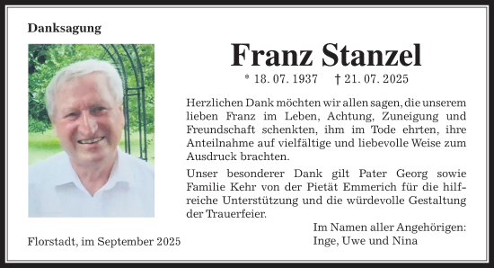 Traueranzeige von Franz Stanzel von Wetterauer Zeitung