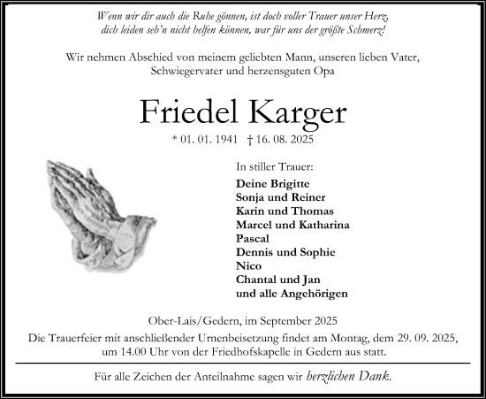 Traueranzeige von Friedel Karger von Kreis-Anzeiger
