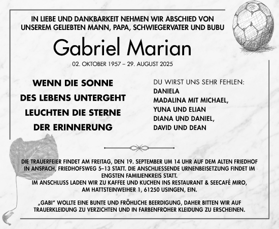 Traueranzeige von Gabriel Marian von Usinger Anzeiger, Usinger Anzeigenblatt