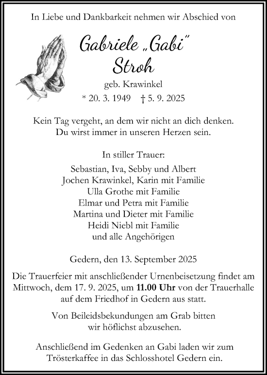 Traueranzeige von Gabriele Stroh von Kreis-Anzeiger