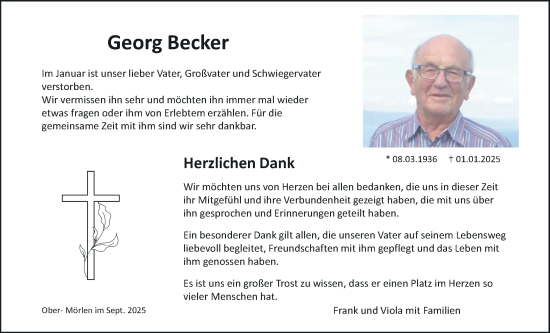 Traueranzeige von Georg Becker von Wetterauer Zeitung
