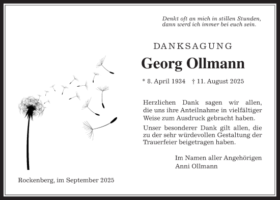Traueranzeige von Georg Ollmann von Butzbacher Zeitung