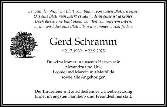 Traueranzeige von Gerd Schramm von Bad Vilbel/Karben