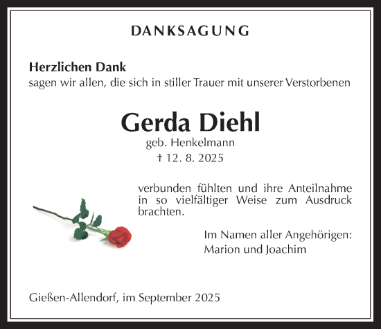 Traueranzeige von Gerda Diehl von Giessener Allgemeine, Alsfelder Allgemeine
