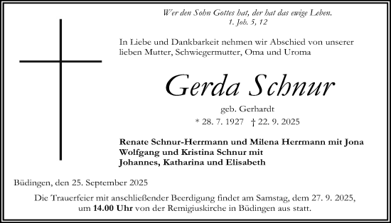 Traueranzeige von Gerda Schnur von Kreis-Anzeiger