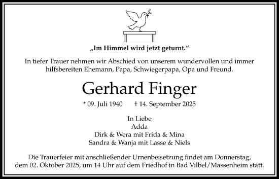 Traueranzeige von Gerhard Finger von Bad Vilbel/Karben