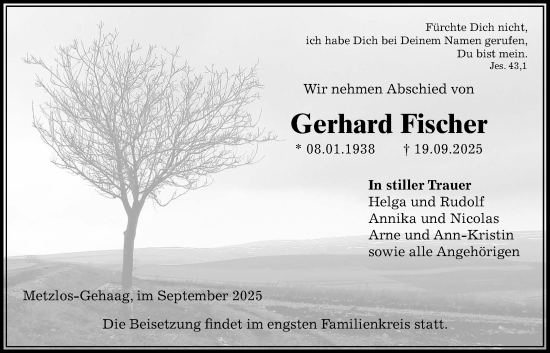 Traueranzeige von Gerhard Fischer von Lauterbacher Anzeiger
