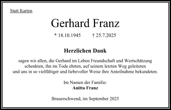 Traueranzeige von Gerhard Franz von Oberhessische Zeitung