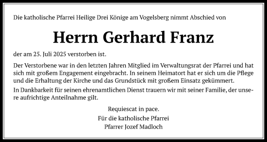 Traueranzeige von Gerhard Franz von Oberhessische Zeitung