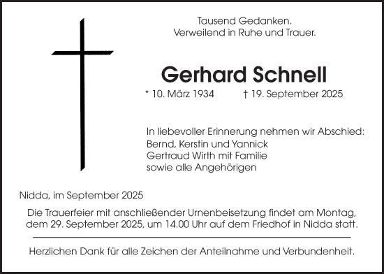 Traueranzeige von Gerhard Schnell von Kreis-Anzeiger