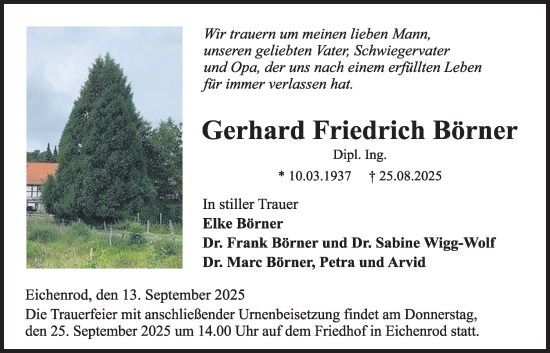 Traueranzeige von Gerhard Friedrich Börner von Lauterbacher Anzeiger