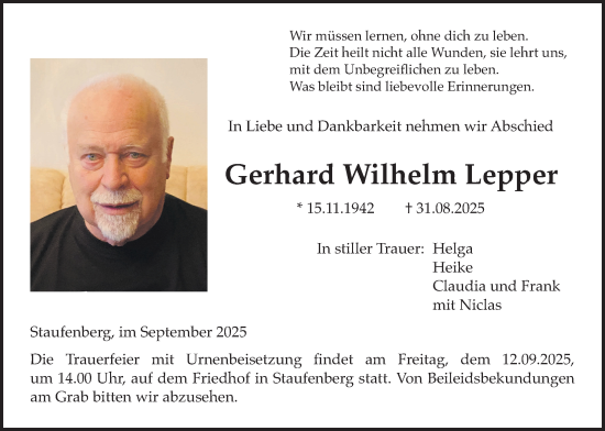 Traueranzeige von Gerhard Wilhelm Lepper von Giessener Anzeiger, Giessener Allgemeine, Alsfelder Allgemeine