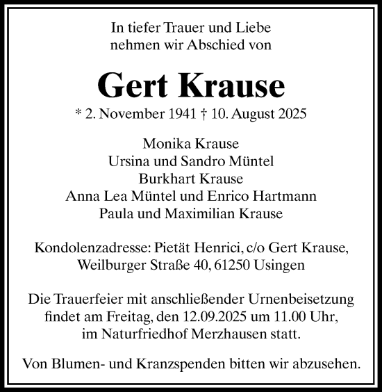 Traueranzeige von Gert Krause von Usinger Anzeigenblatt