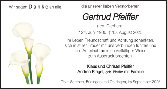 Traueranzeige von Gertrud Pfeiffer von Kreis-Anzeiger