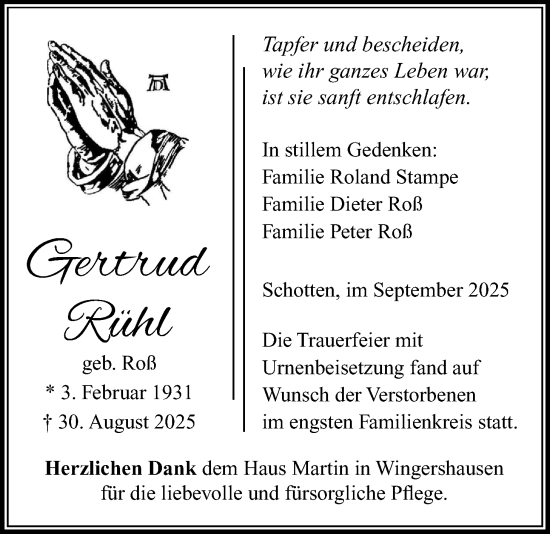 Traueranzeige von Gertrud Rühl von Kreis-Anzeiger