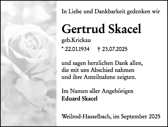 Traueranzeige von Gertrud Skacel von Usinger Anzeigenblatt