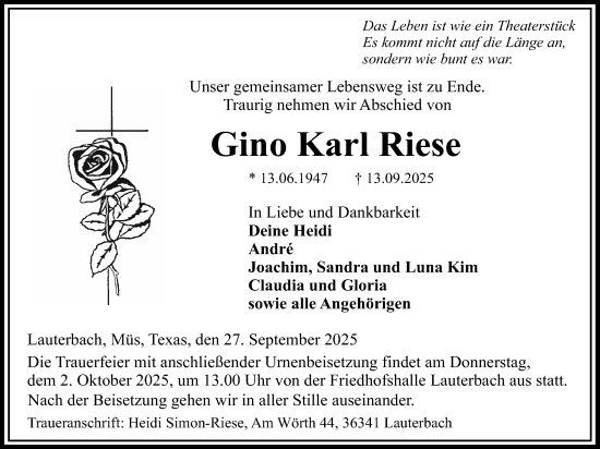 Traueranzeige von Gino Karl Riese von Lauterbacher Anzeiger