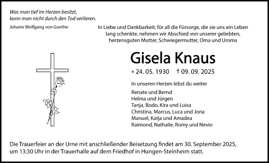 Traueranzeige von Gisela Knaus von Licher Wochenblatt