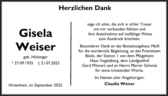 Traueranzeige von Gisela Weiser von Kreis-Anzeiger