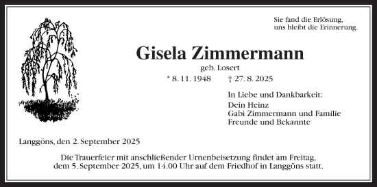 Traueranzeige von Gisela Zimmermann von Giessener Anzeiger