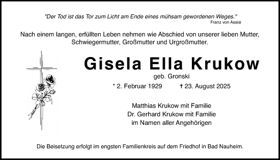Traueranzeige von Gisela Ella Krukow von Wetterauer Zeitung