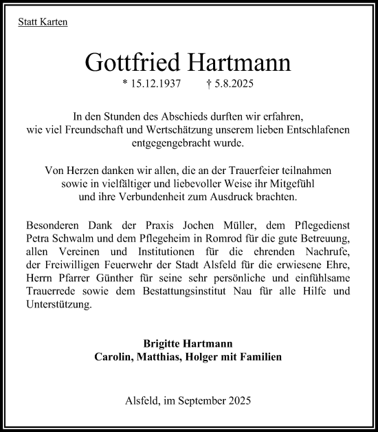 Traueranzeige von Gottfried Hartmann von Oberhessische Zeitung