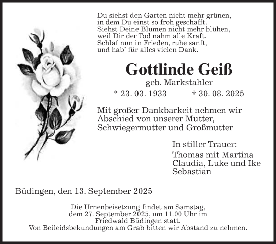 Traueranzeige von Gottlinde Geiß von Kreis-Anzeiger