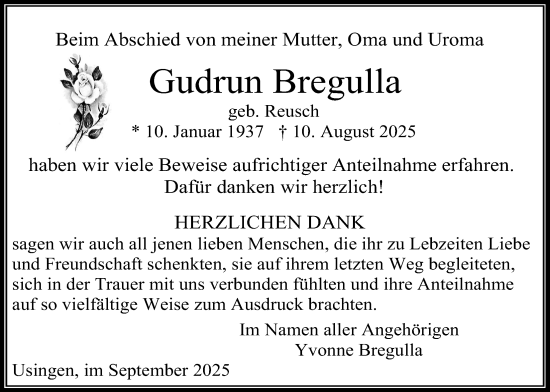 Traueranzeige von Gudrun Bregulla von Usinger Anzeigenblatt