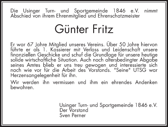 Traueranzeige von Günter Fritz von Usinger Anzeiger