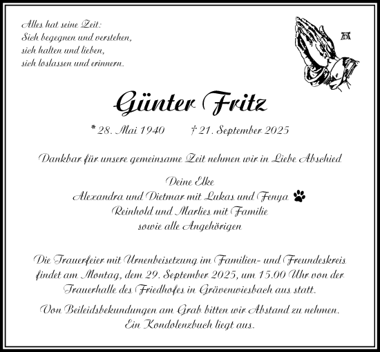 Traueranzeige von Günter Fritz von Usinger Anzeigenblatt