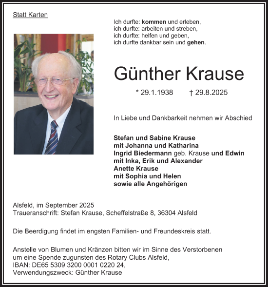 Traueranzeige von Günther Krause von Oberhessische Zeitung