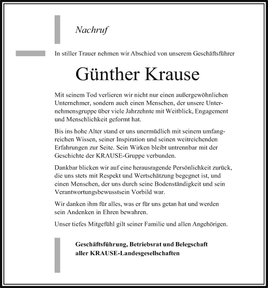 Traueranzeige von Günther Krause von Oberhessische Zeitung, 