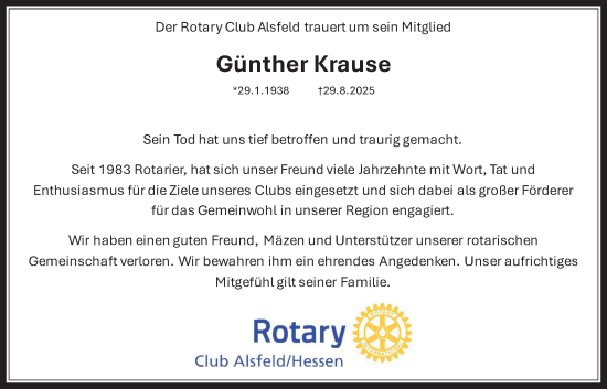 Traueranzeige von Günther Krause von Oberhessische Zeitung