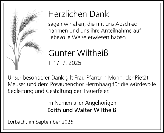 Traueranzeige von Gunter Wiltheiß von Kreis-Anzeiger