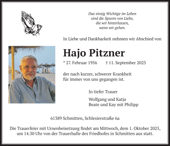 Traueranzeige von Hajo Pitzner von Usinger Anzeiger, Usinger Anzeigenblatt