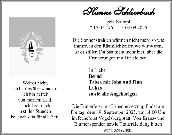 Traueranzeige von Hanne Schlierbach von Giessener Anzeiger, Giessener Allgemeine, Alsfelder Allgemeine