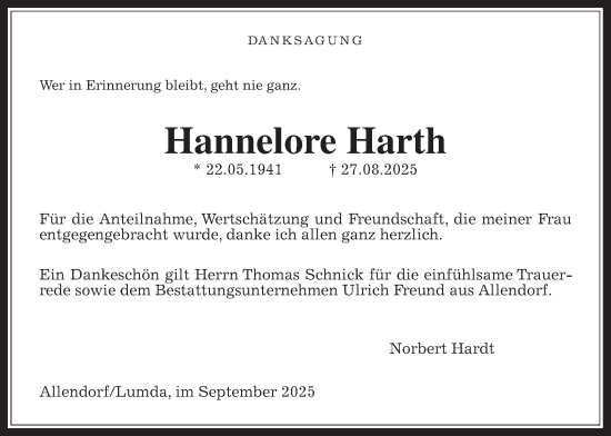 Traueranzeige von Hannelore Harth von Giessener Allgemeine, Alsfelder Allgemeine