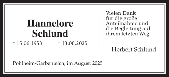 Traueranzeige von Hannelore Schlund von Giessener Allgemeine, Alsfelder Allgemeine