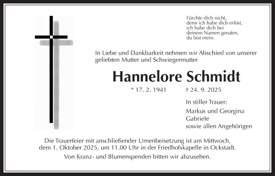 Traueranzeige von Hannelore Schmidt von Wetterauer Zeitung